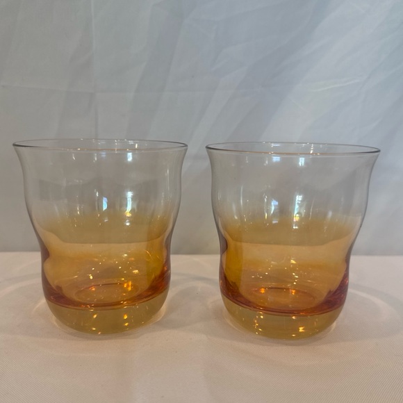 OMBRE 10 oz Rocks Beverage Glasses Wavy Iridescent RETRO Carnival Amber to Clear - Picture 1 of 5